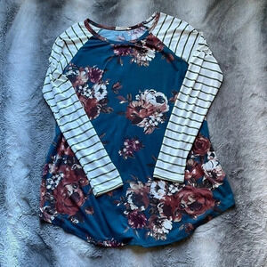 MODERN SOUL LONG‎ SLEEVE STRIPE SLEEVE FALL FLORAL TUNIC TOP MEDIUM LARGE